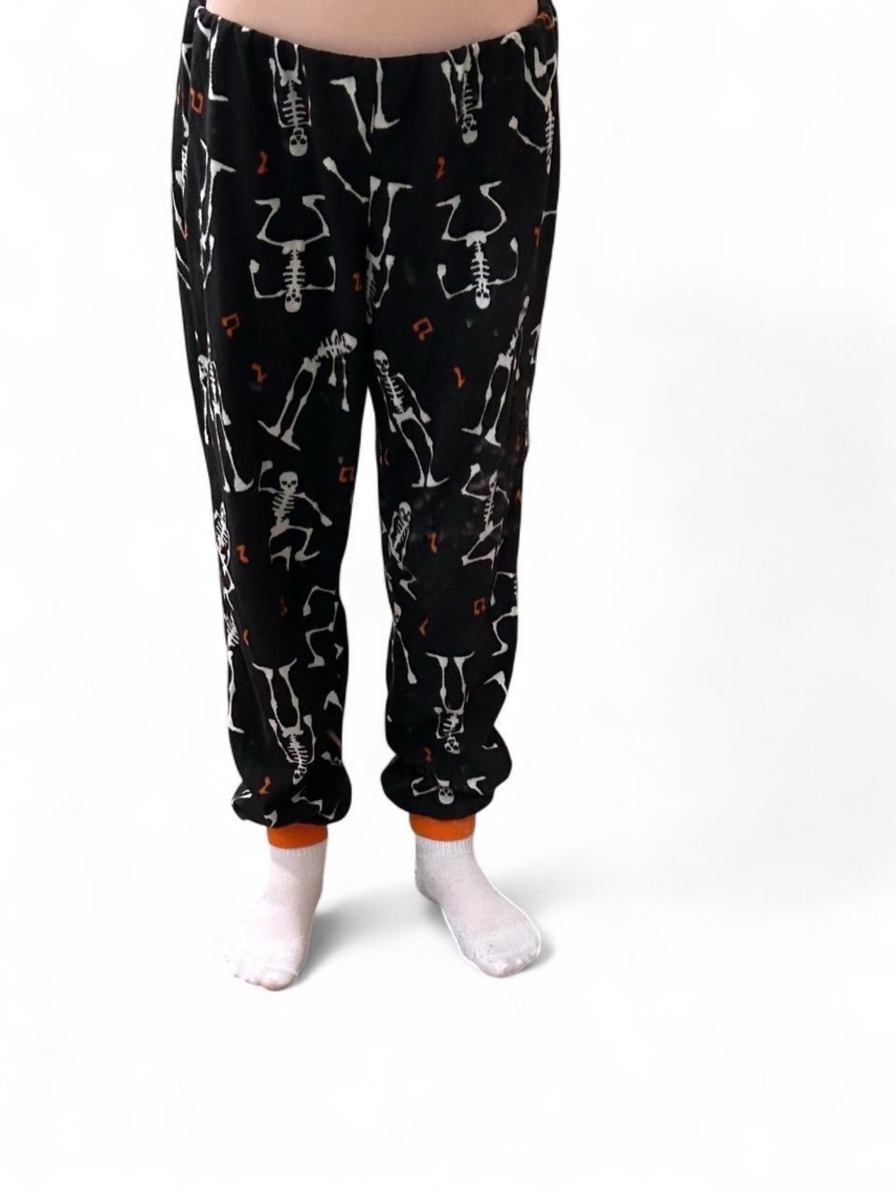 Black Skeleton Print Women's Pajama Pants with Orange Cuffs